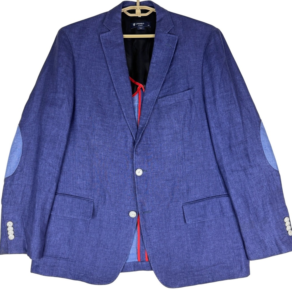 Cremieux Classics Sport Coat Mens 38L Blue 100% Linen Elbow Patch Blazer